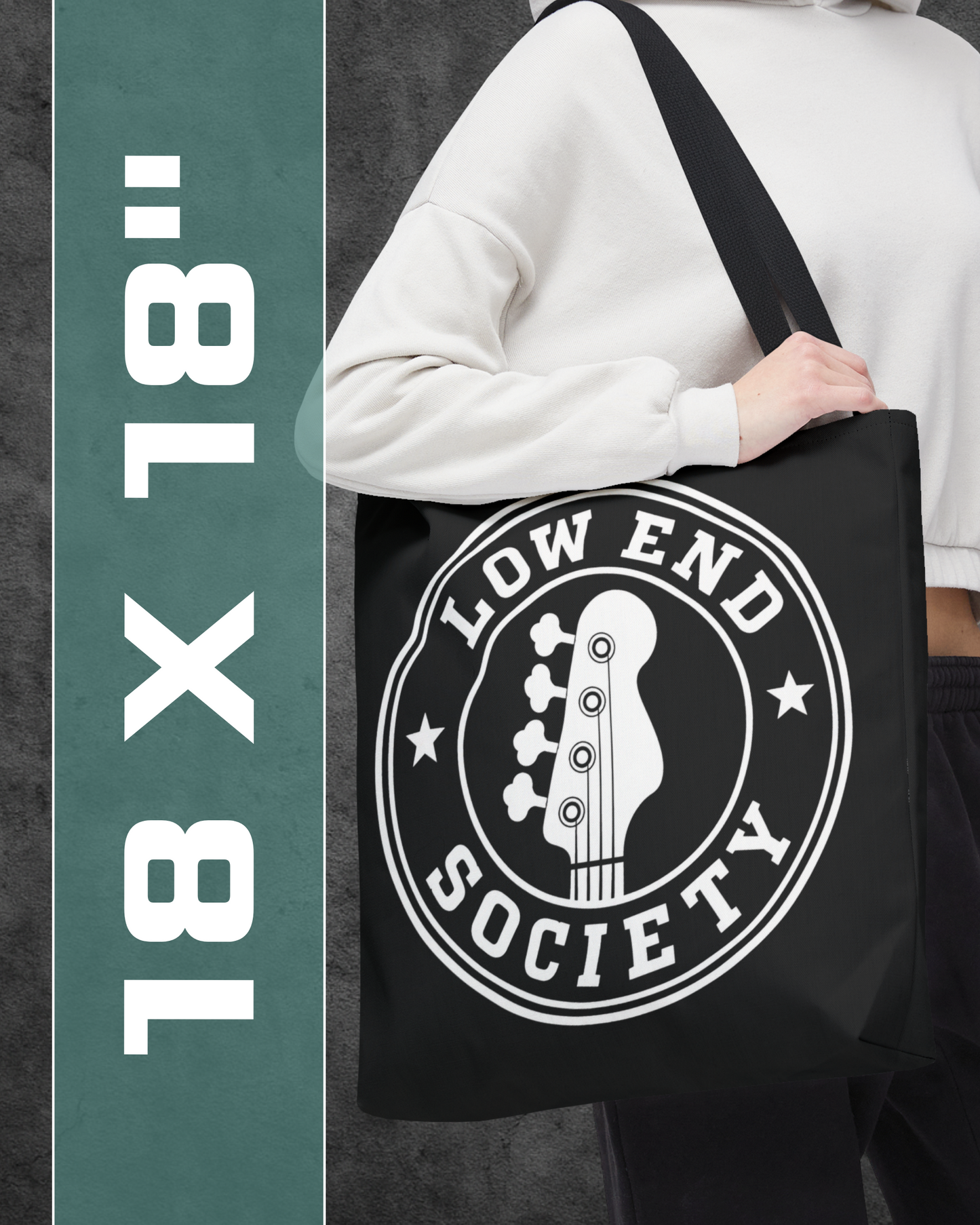 Person holding a black tote bag with 'Low End Society' logo, size 18x18 displayed on the side.