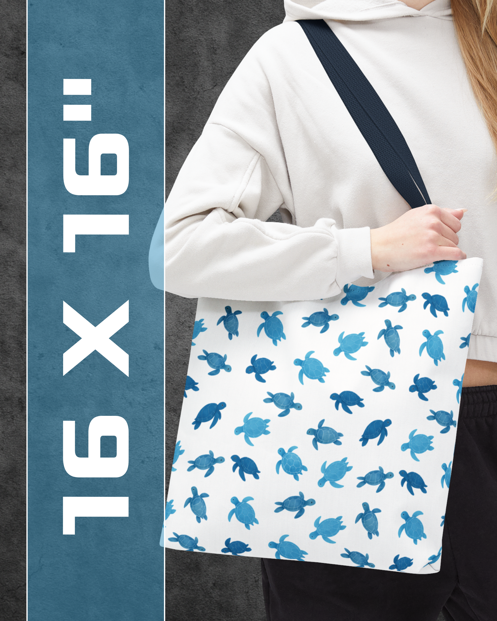 Person holding a tote bag with blue turtle pattern and text '16 x 16"' on a gray background