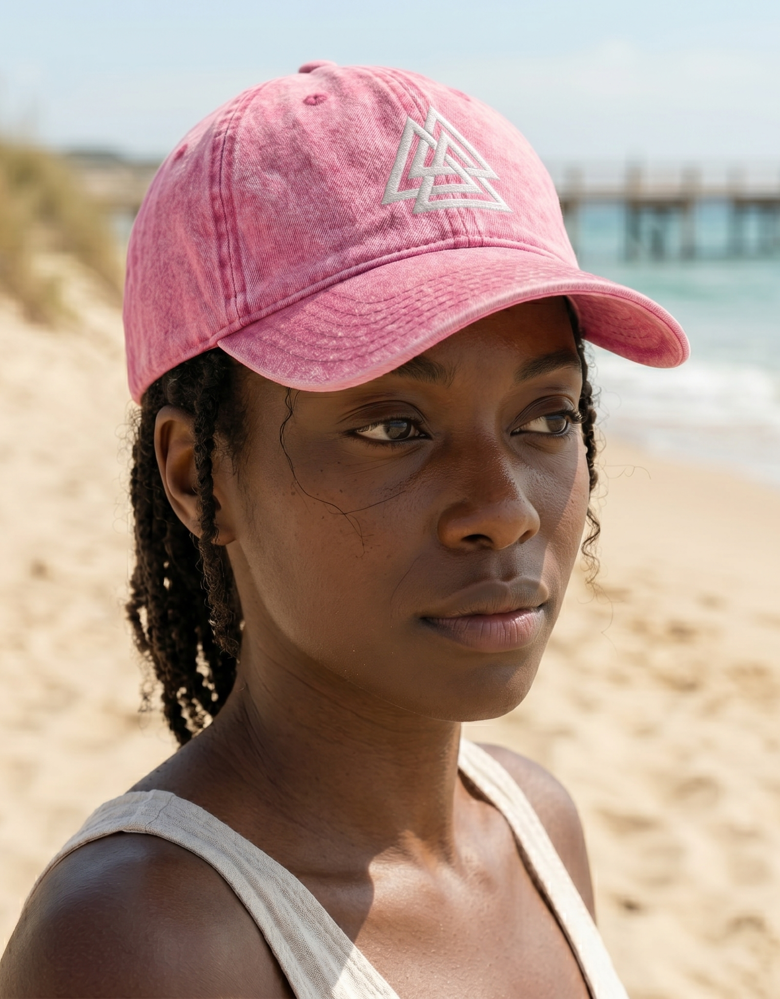 Woman wearing a pink cap on a beach