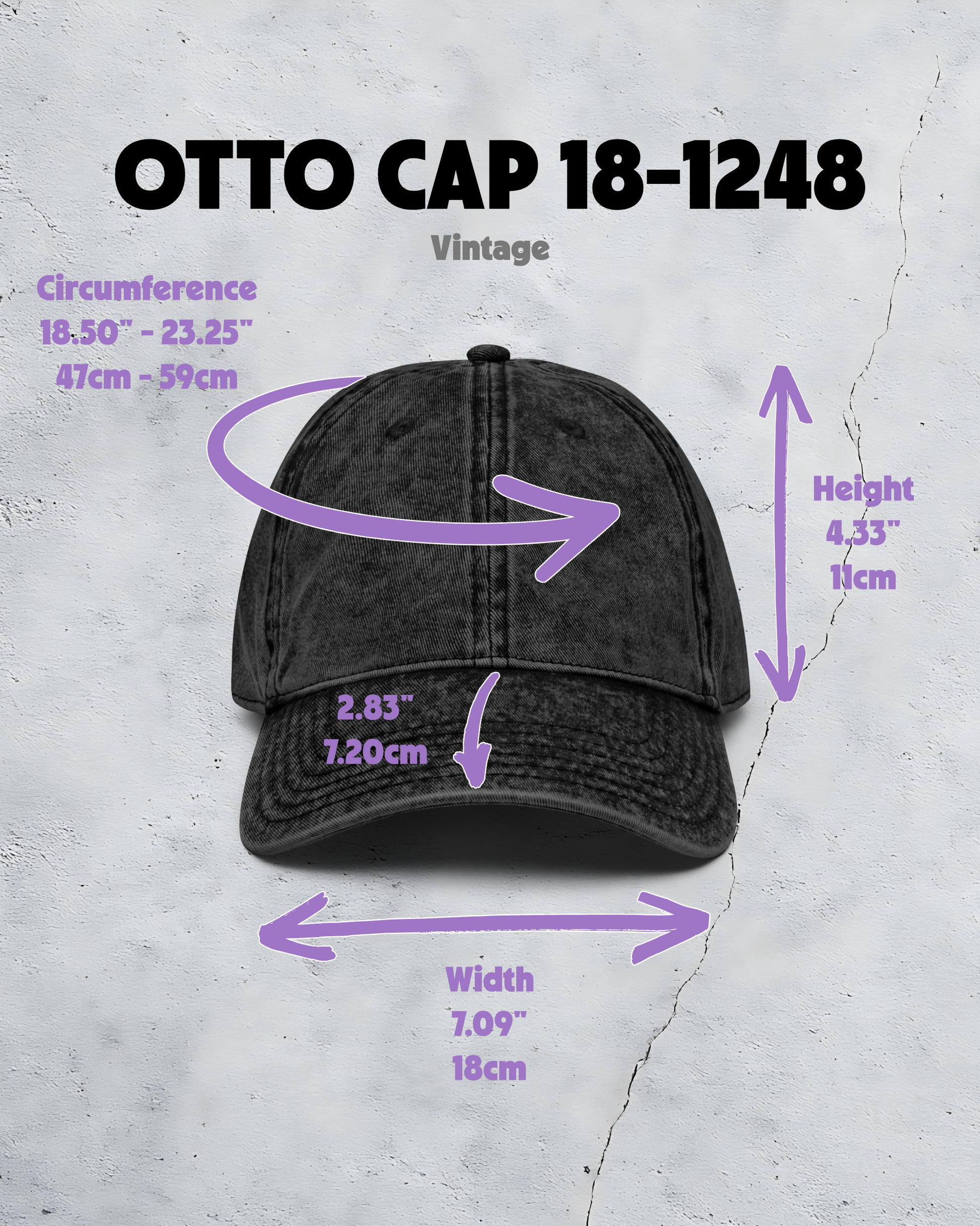 Black cap with measurements on a textured gray background