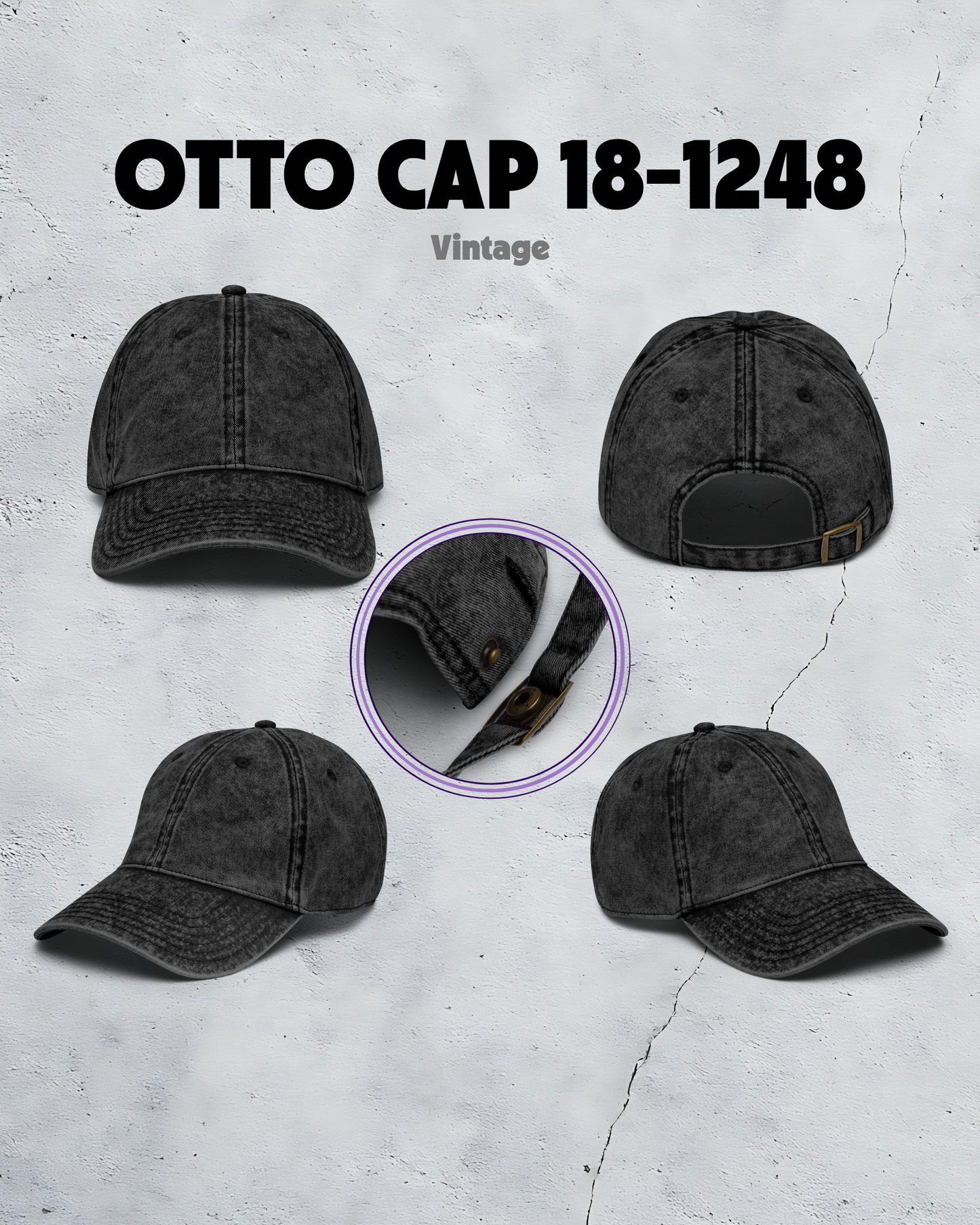 Vintage black cap with 'OTTO CAP 18-1248' text on a textured gray background