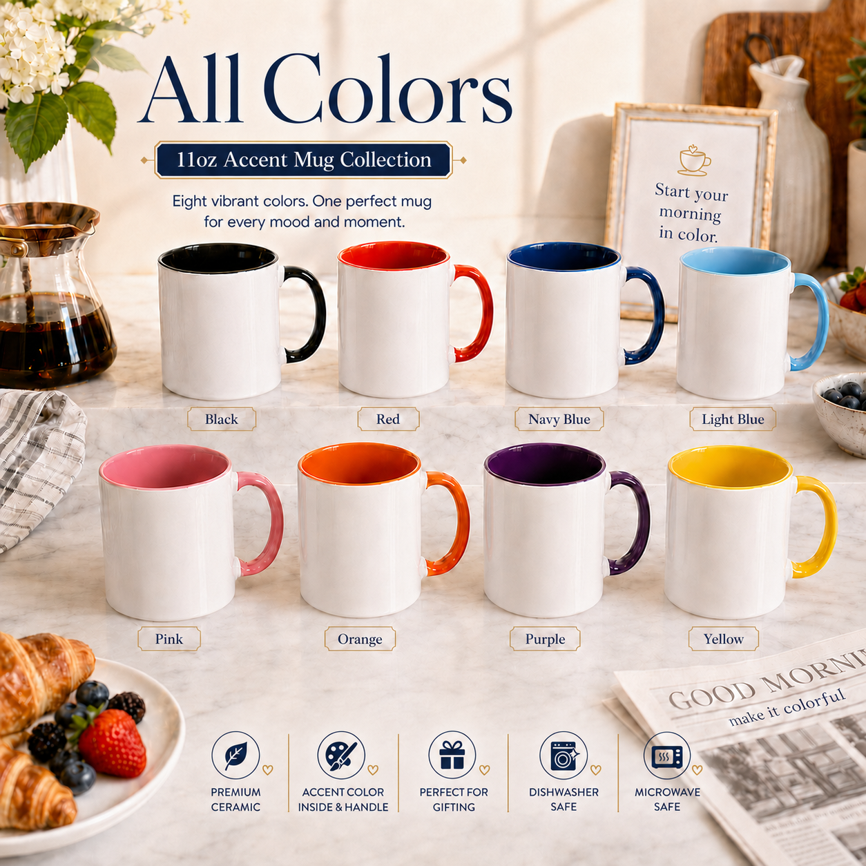 Collection of colorful accent mugs on a table with a 'Good Morning' newspaper.