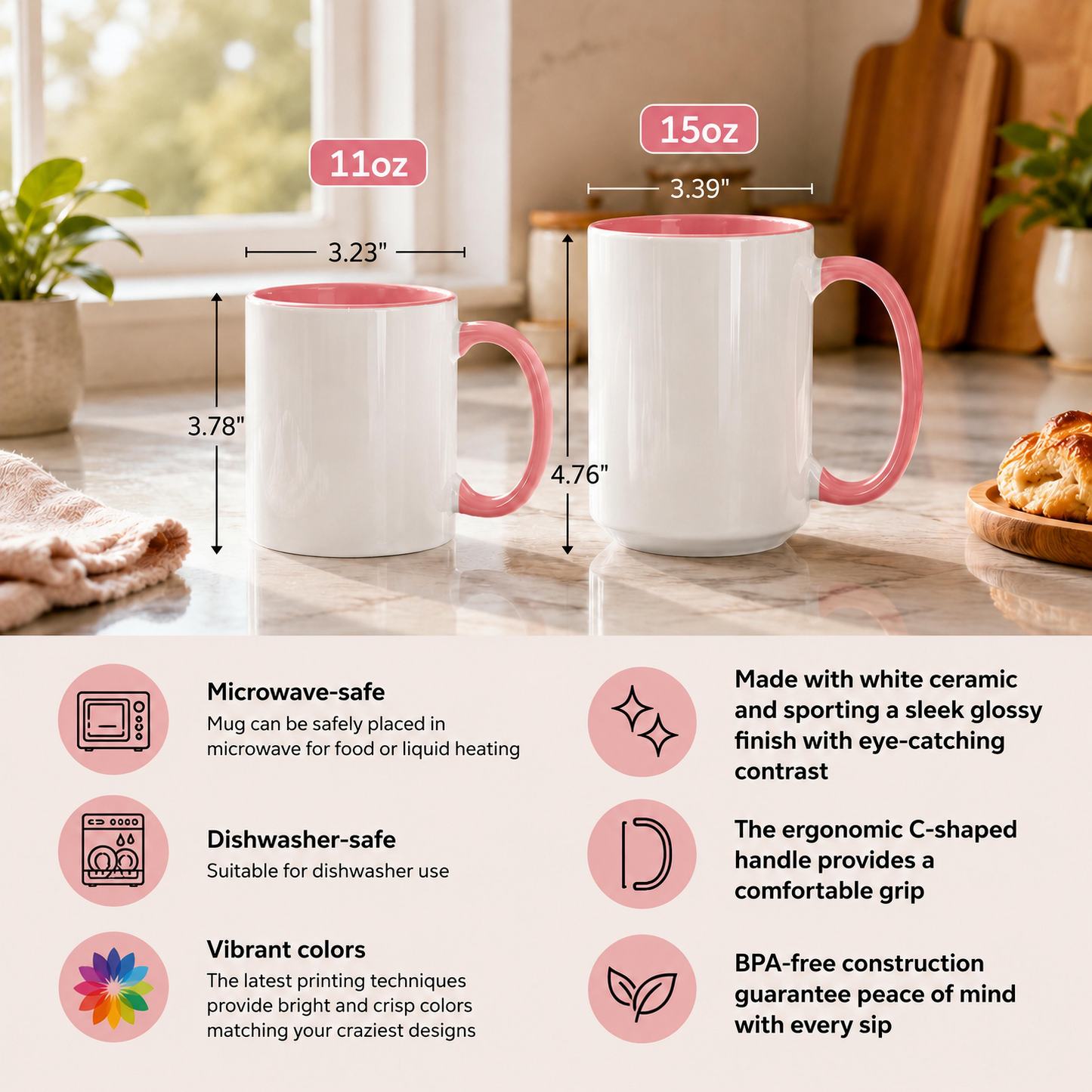 Two mugs with pink interior and handle on a kitchen counter, showing measurements and features.