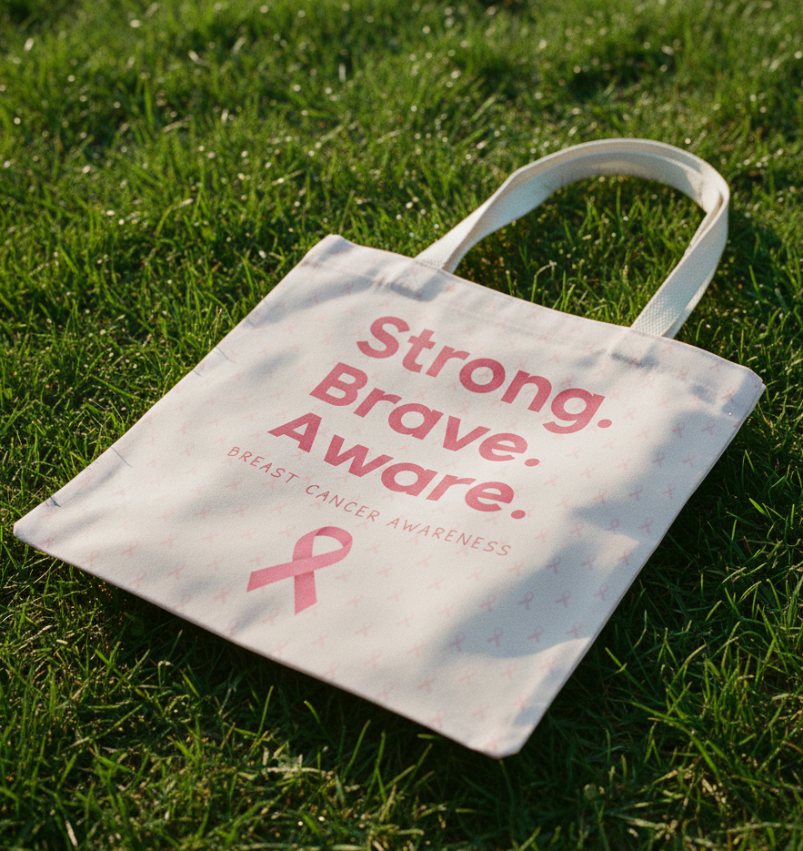 Tote bag with 'Strong. Brave. Aware.' text and pink ribbon on grass