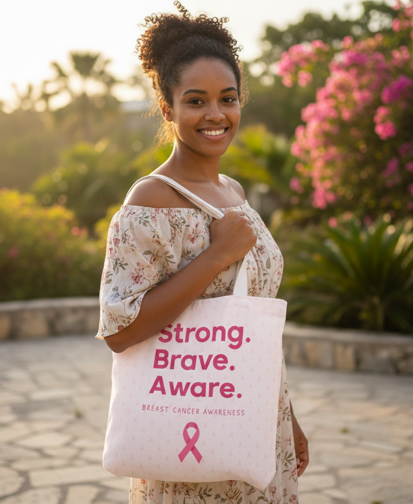 Woman holding a tote bag with 'Strong. Brave. Aware.' text and pink ribbon, outdoors.
