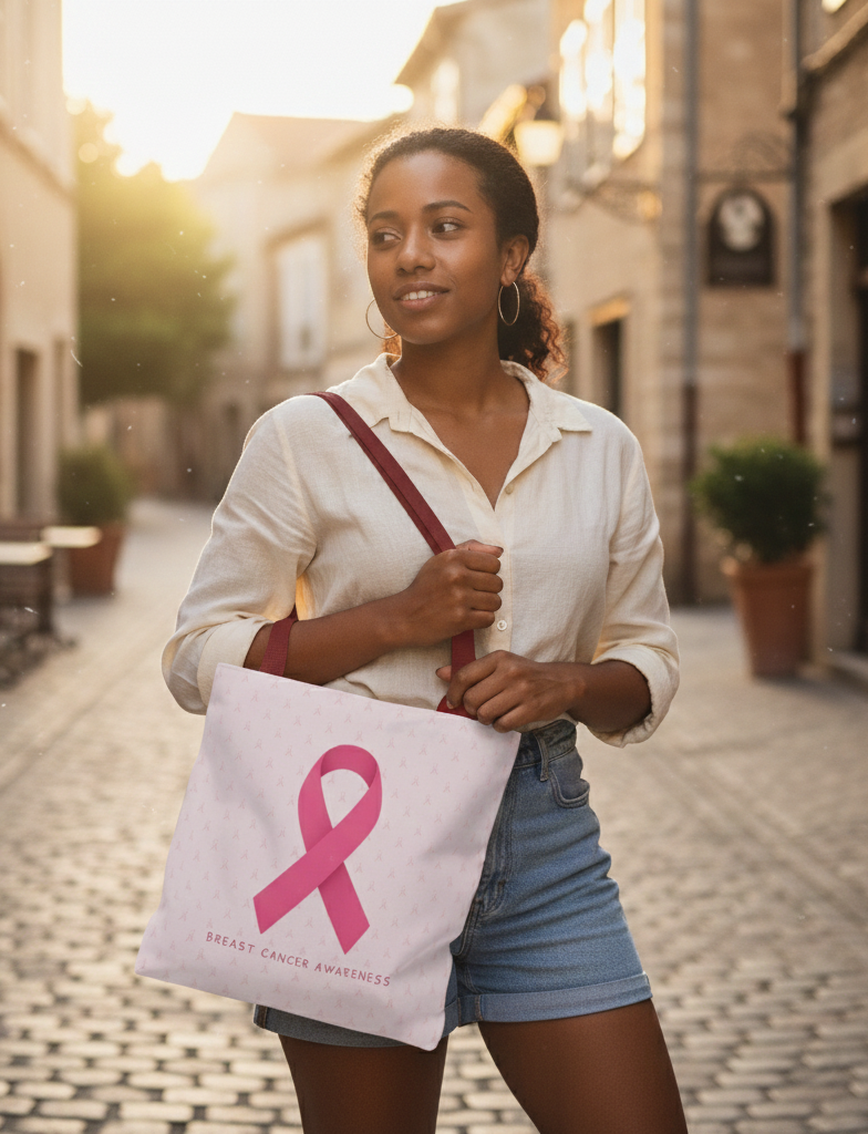 Woman holding a tote bag with a pink ribbon, symbolizing breast cancer awareness, on a street.