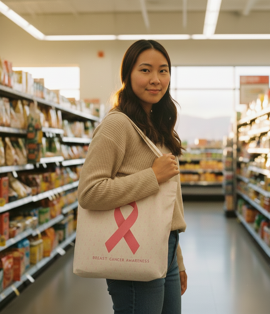 Woman holding a tote bag with a pink ribbon in a grocery store aisle