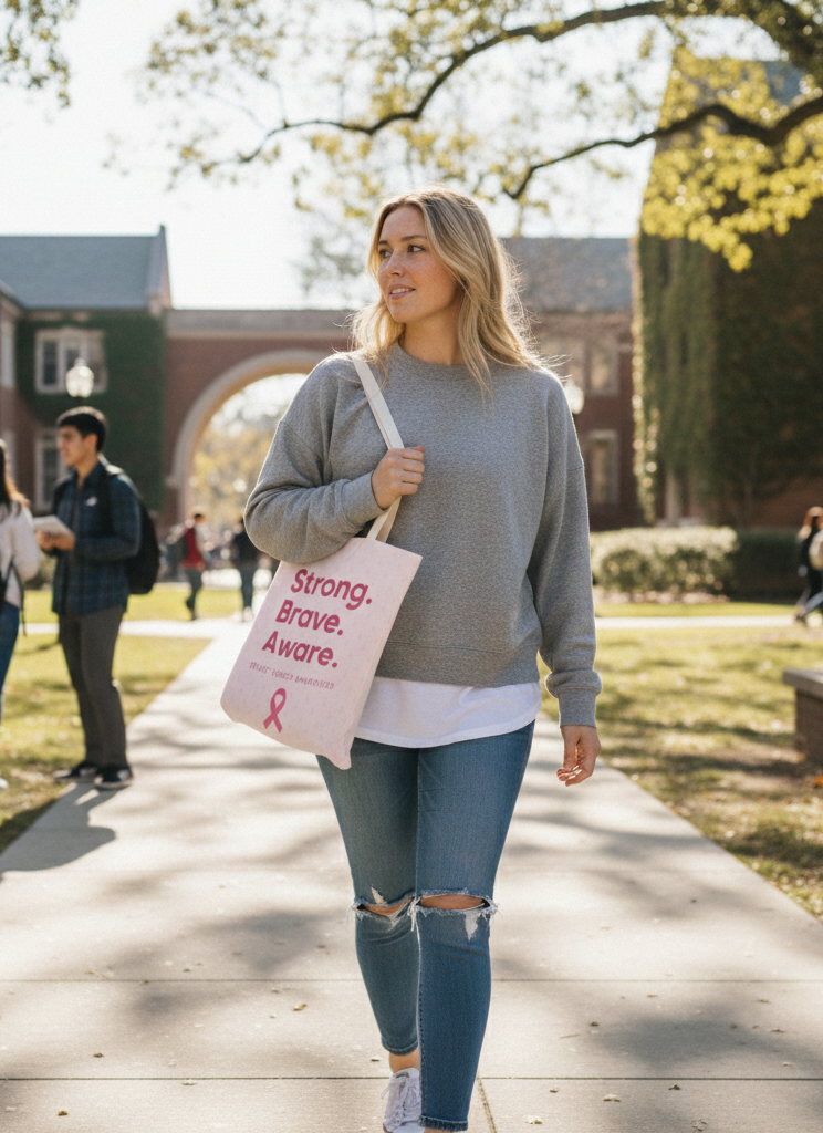 Woman walking on a college campus with a pink tote bag