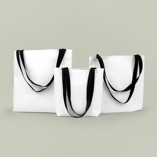 Three white bags with black handles on a light gray background