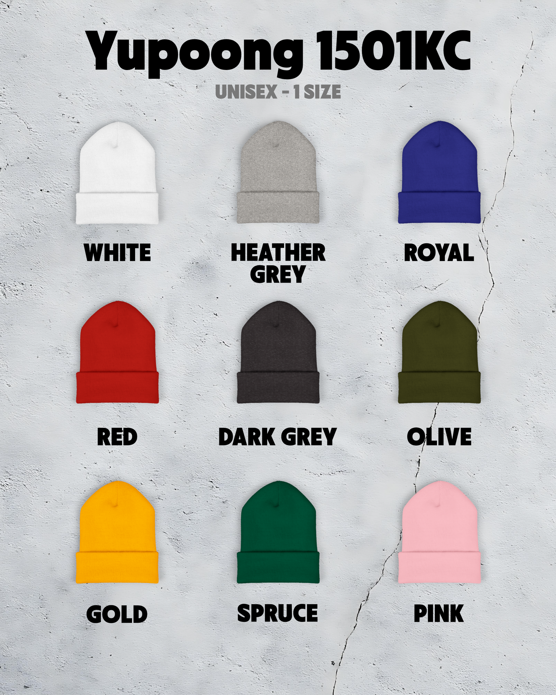 Yupoong 1501KC beanies in various colors on a textured gray background