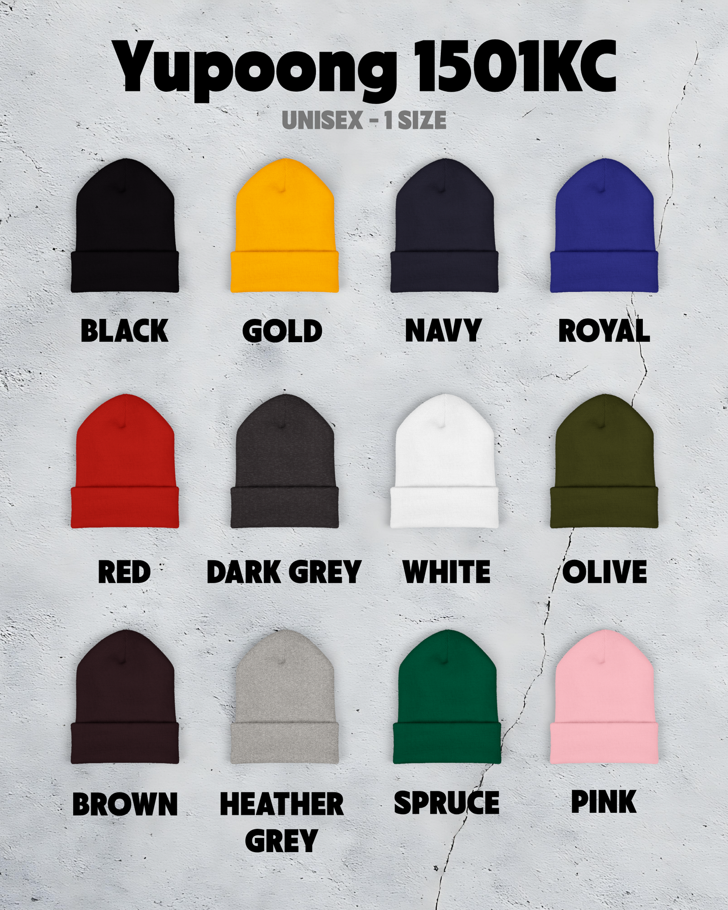 Display of various colored beanies with labels on a textured gray background