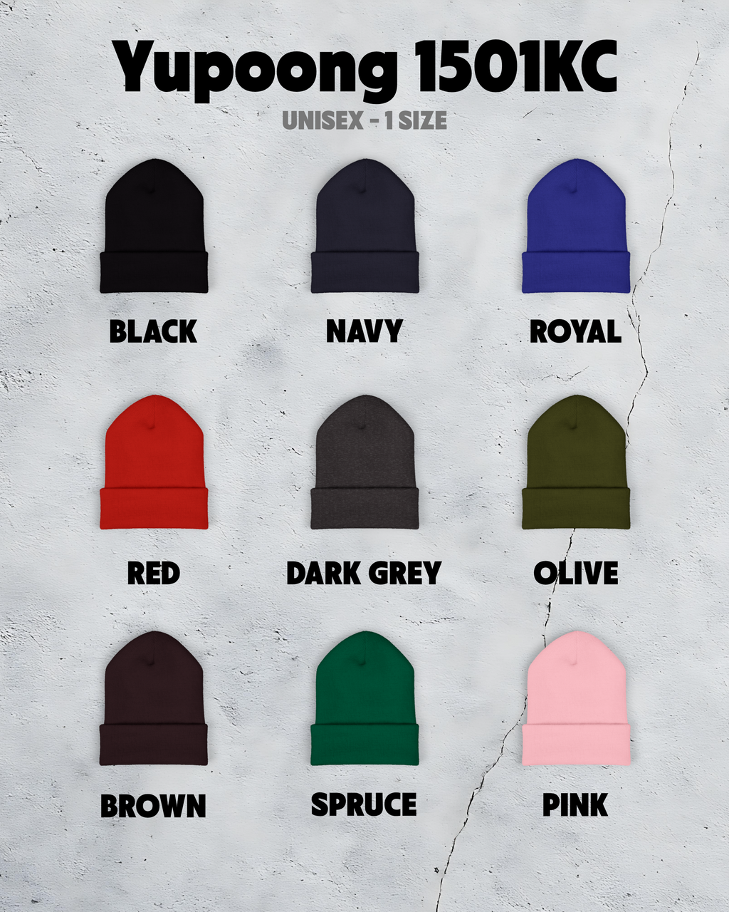 Yupoong 1501KC beanies in various colors on a textured gray background