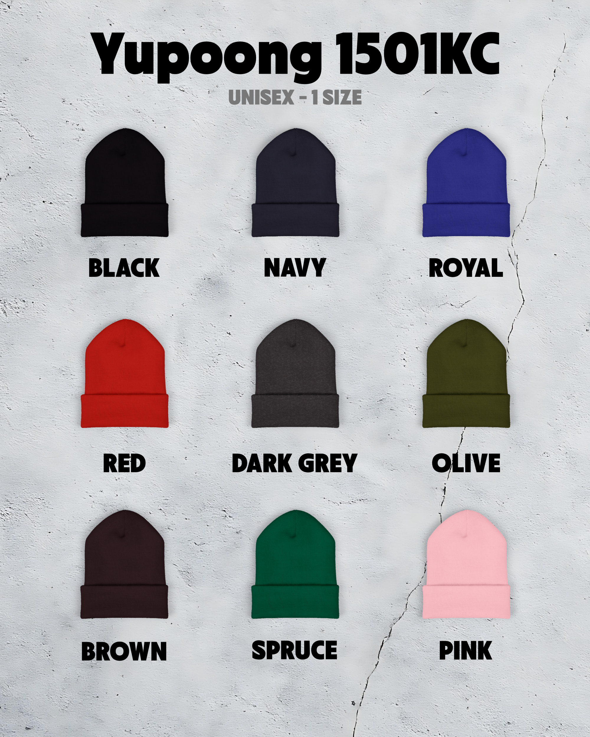 Yupoong 1501KC beanies in various colors on a textured gray background