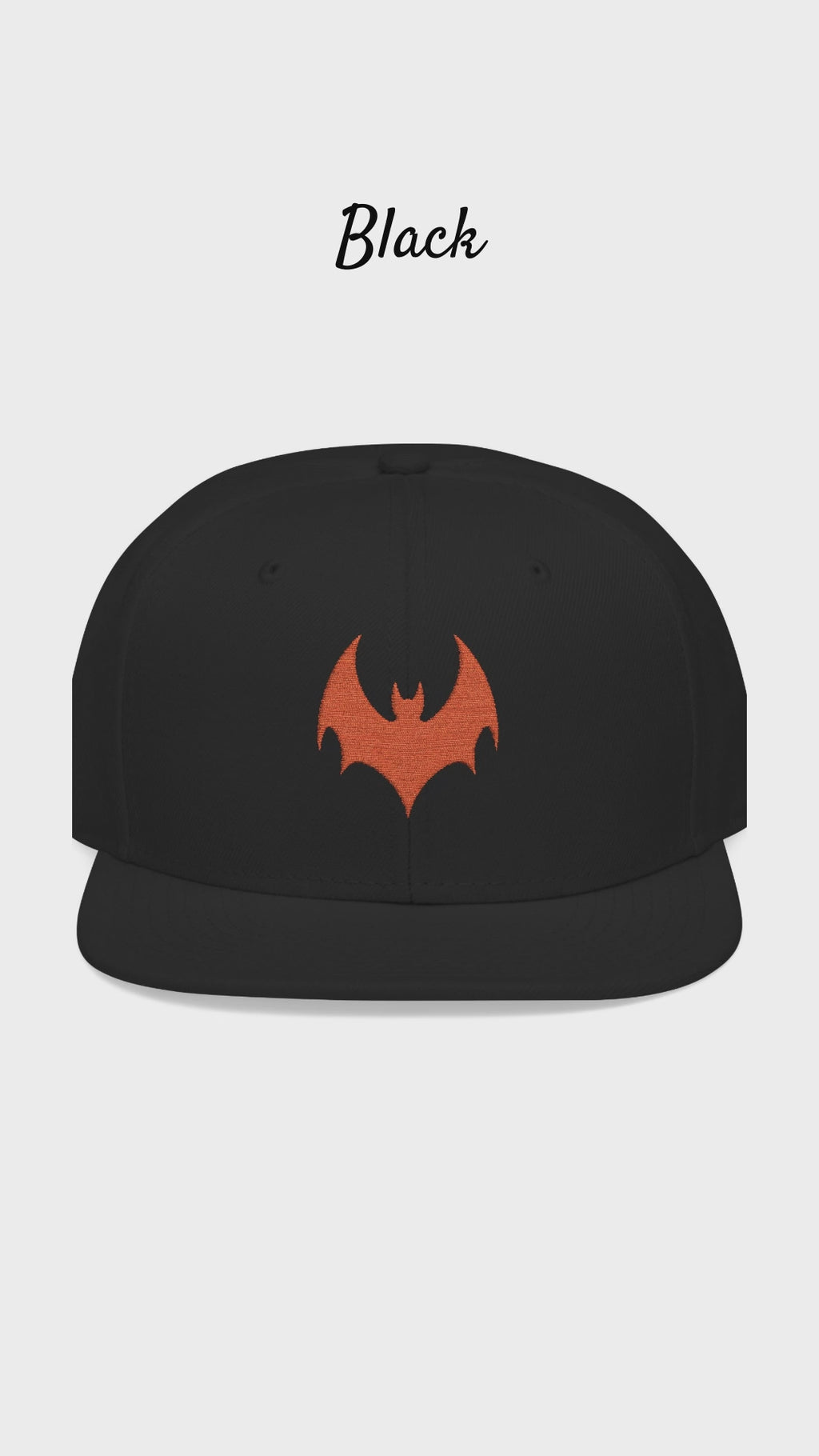 Black Snapback Cap with Orange Bat Embroidery, Flat Brim Streetwear Hat, Halloween Style, Gothic Baseball Cap for Men and Women