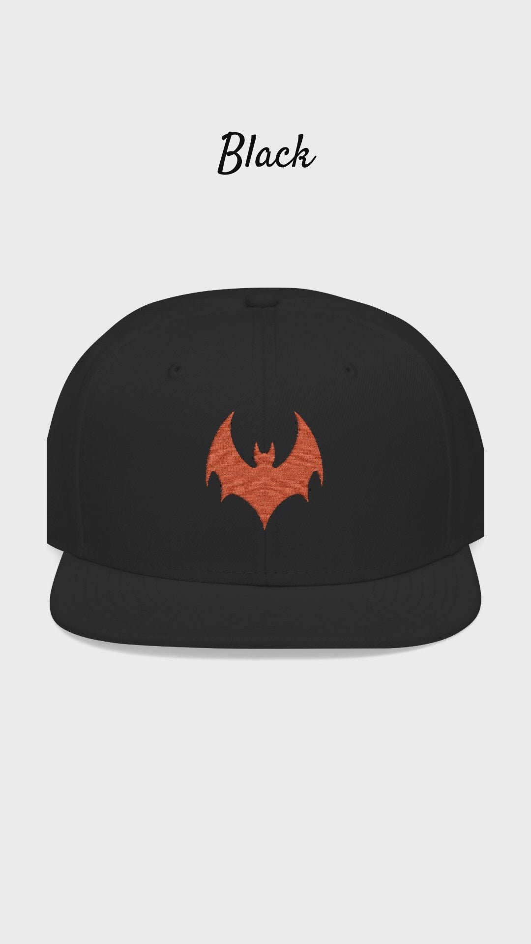 Black Snapback Cap with Orange Bat Embroidery, Flat Brim Streetwear Hat, Halloween Style, Gothic Baseball Cap for Men and Women
