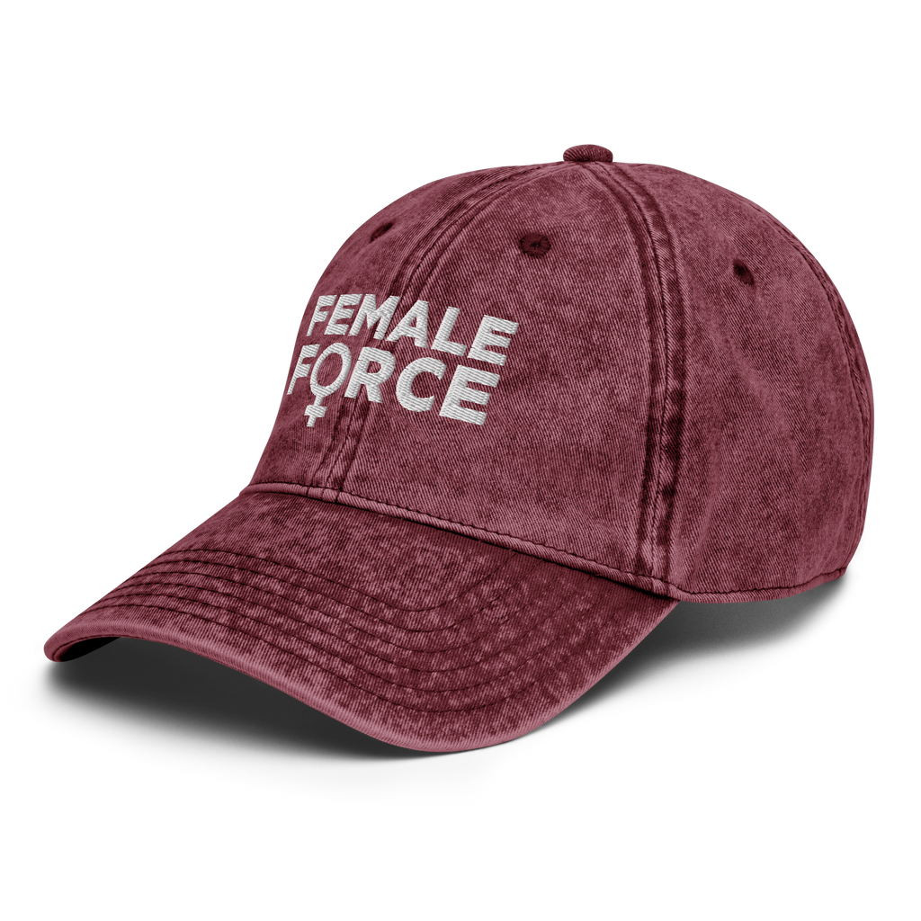 Maroon cap with 'FEMALE FORCE' text on a white background