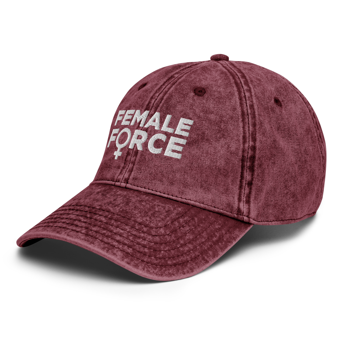 Maroon cap with 'FEMALE FORCE' text on a white background