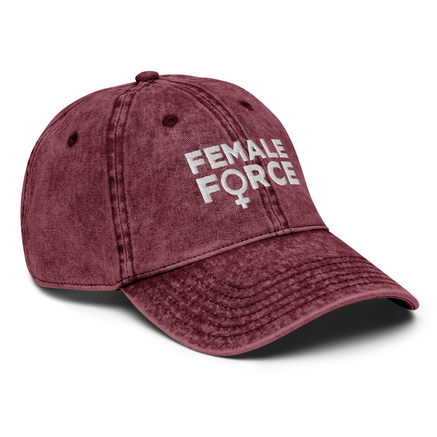 Maroon cap with 'FEMALE FORCE' text on a white background